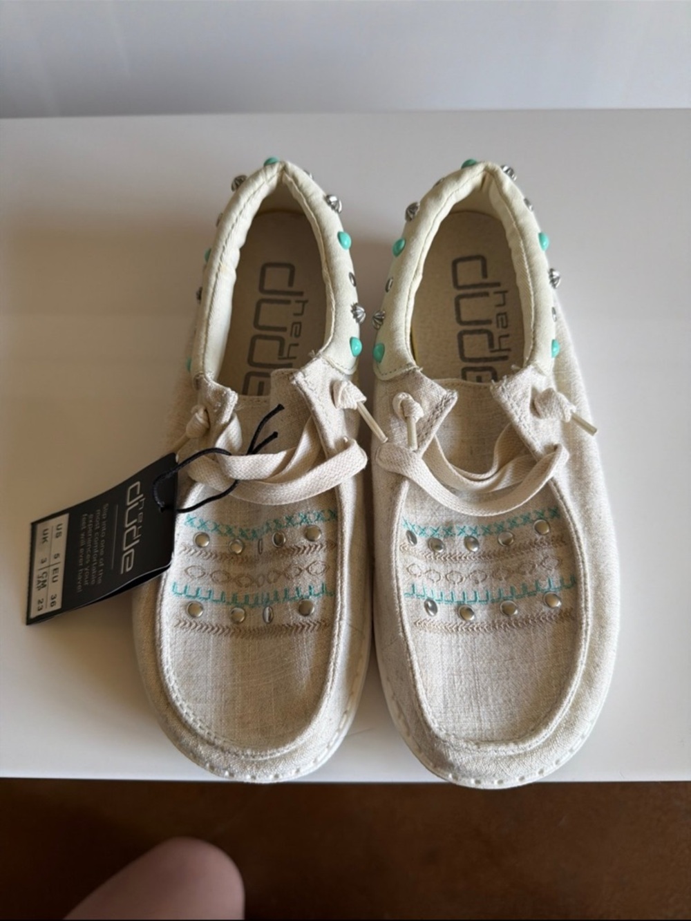 Hey Dude Cream Canvas Sneakers with Teal Accents